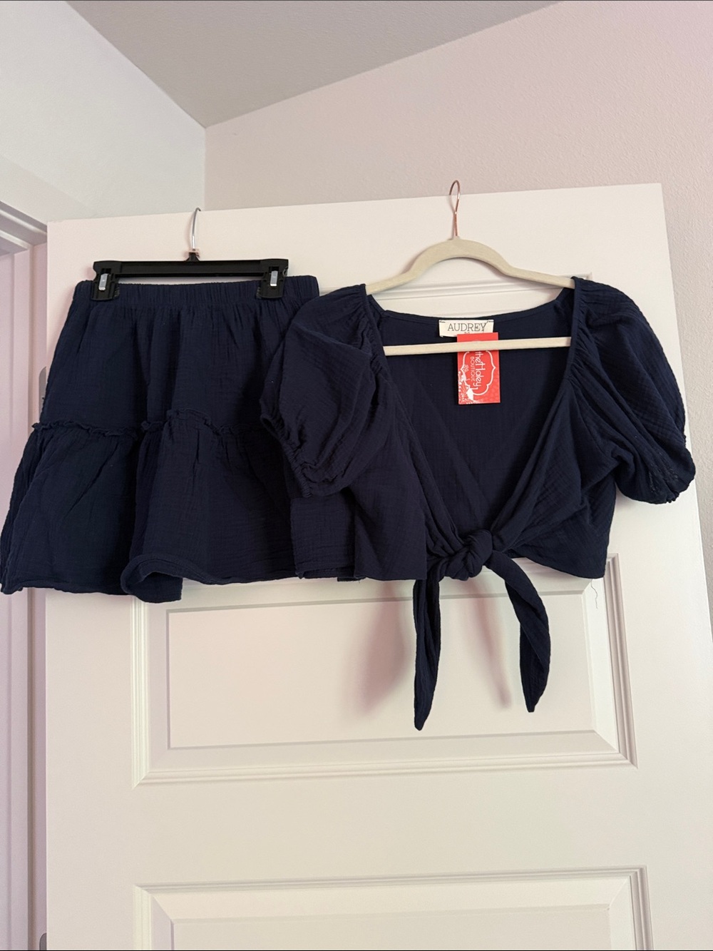 audrey Navy Tie-Front Puff Sleeve Crop Top and Matching Tiered Mini Skirt